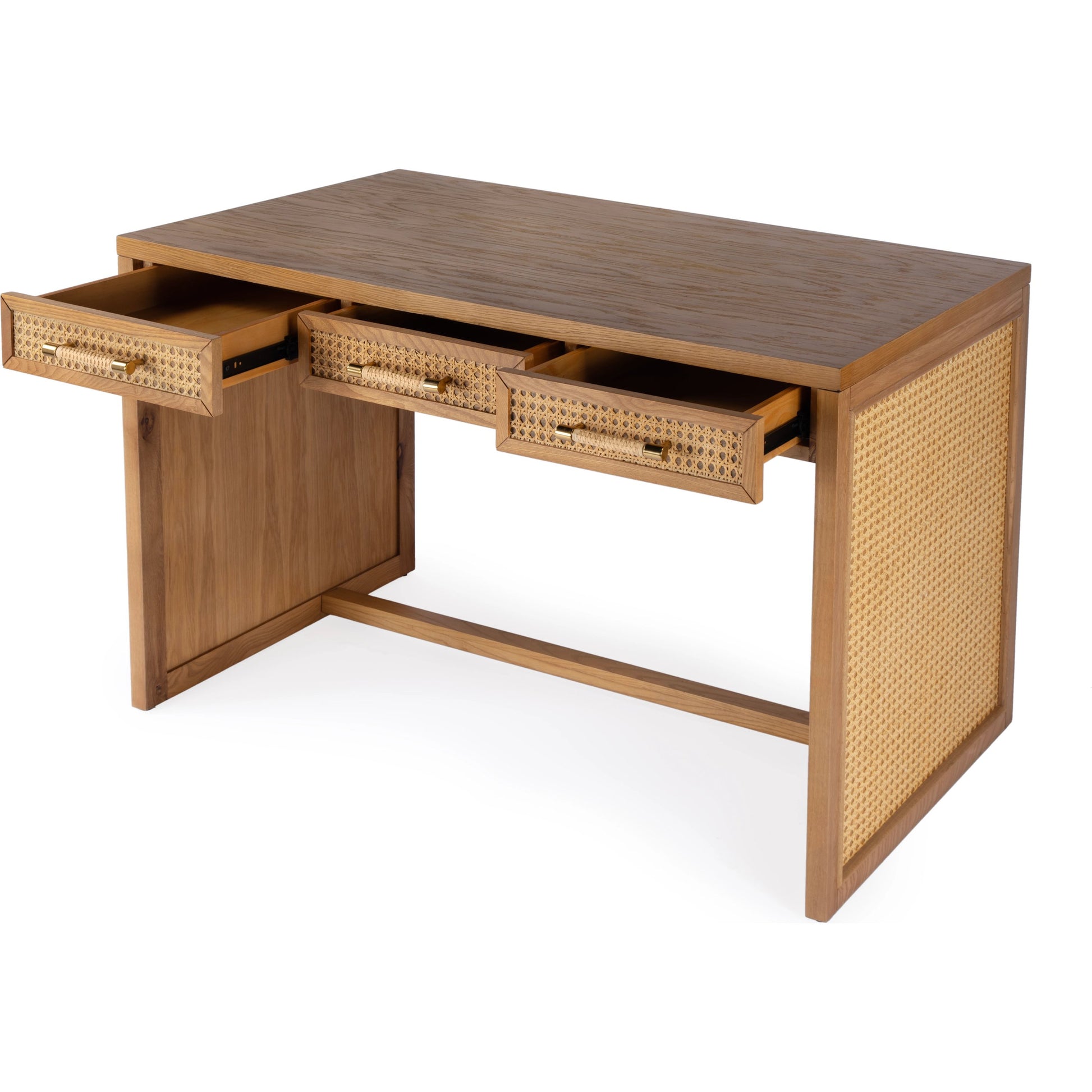 Mesa 3-Drawer Writing Desk by Butler Specialty Company in natural & cane. Made from solid oak, mdf veneer oak, cane in a cottage & farmhouse style.