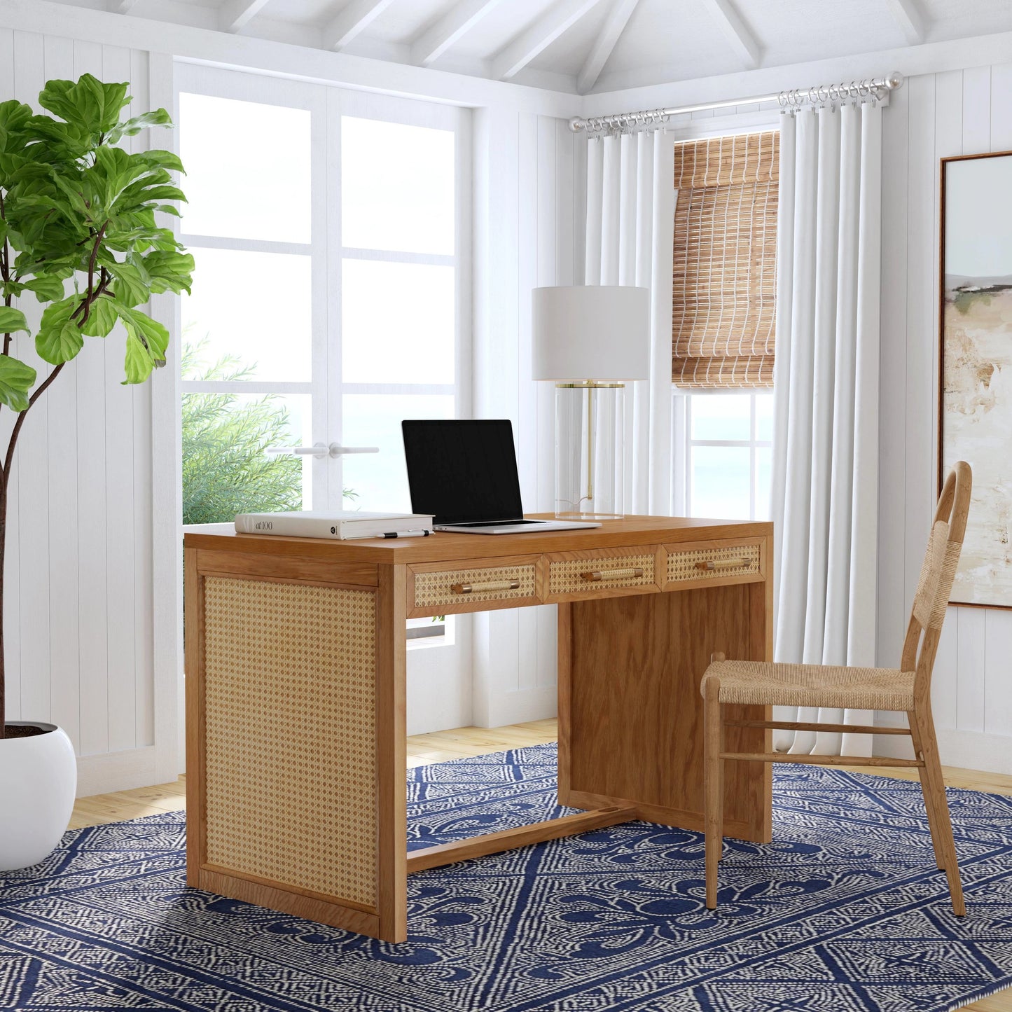 008 SI-2155900 | Lifestyle | Mesa 3-Drawer Writing Desk by Butler Specialty Company in natural & cane. Made from solid oak, mdf veneer oak, cane in a cottage & farmhouse style.