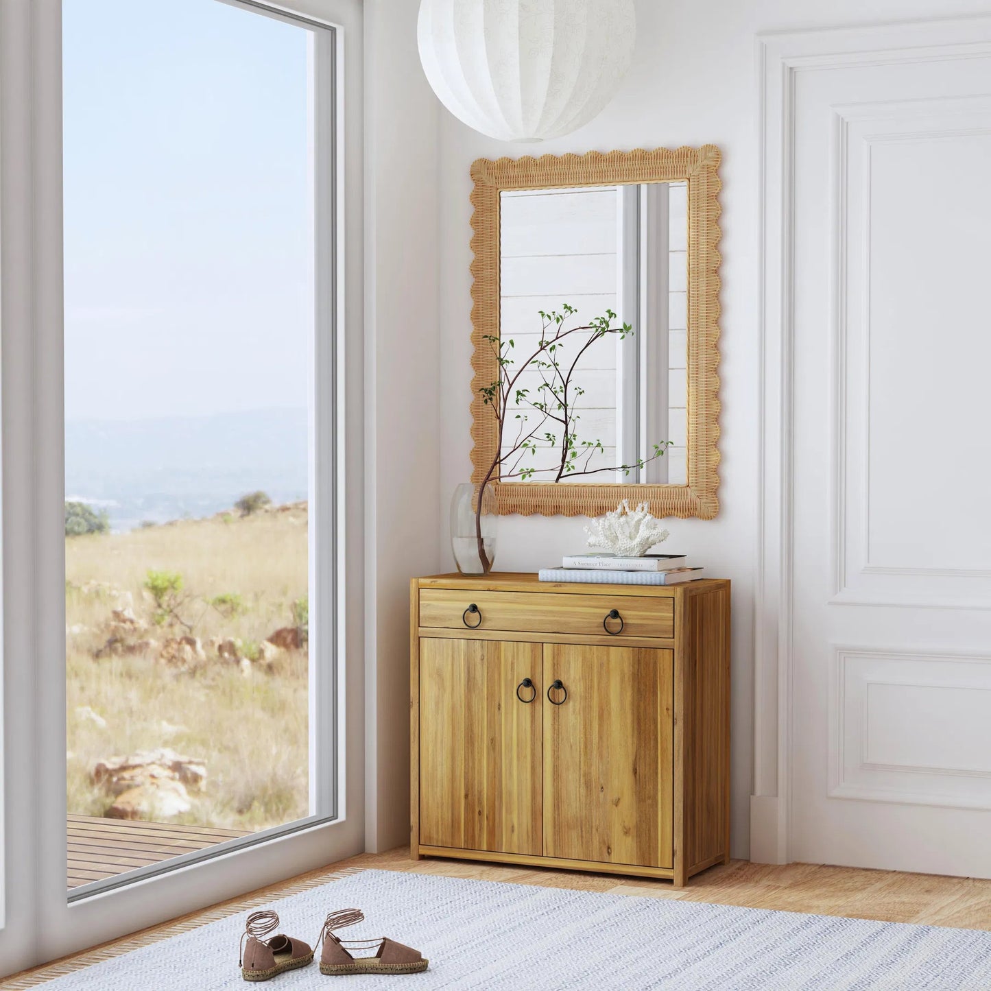 006 SI-2324895 | Lifestyle | Flora Scalloped Wall Mirror by Butler Specialty Company in light brown. Made from rattan, glass, plywood in a rustic style.