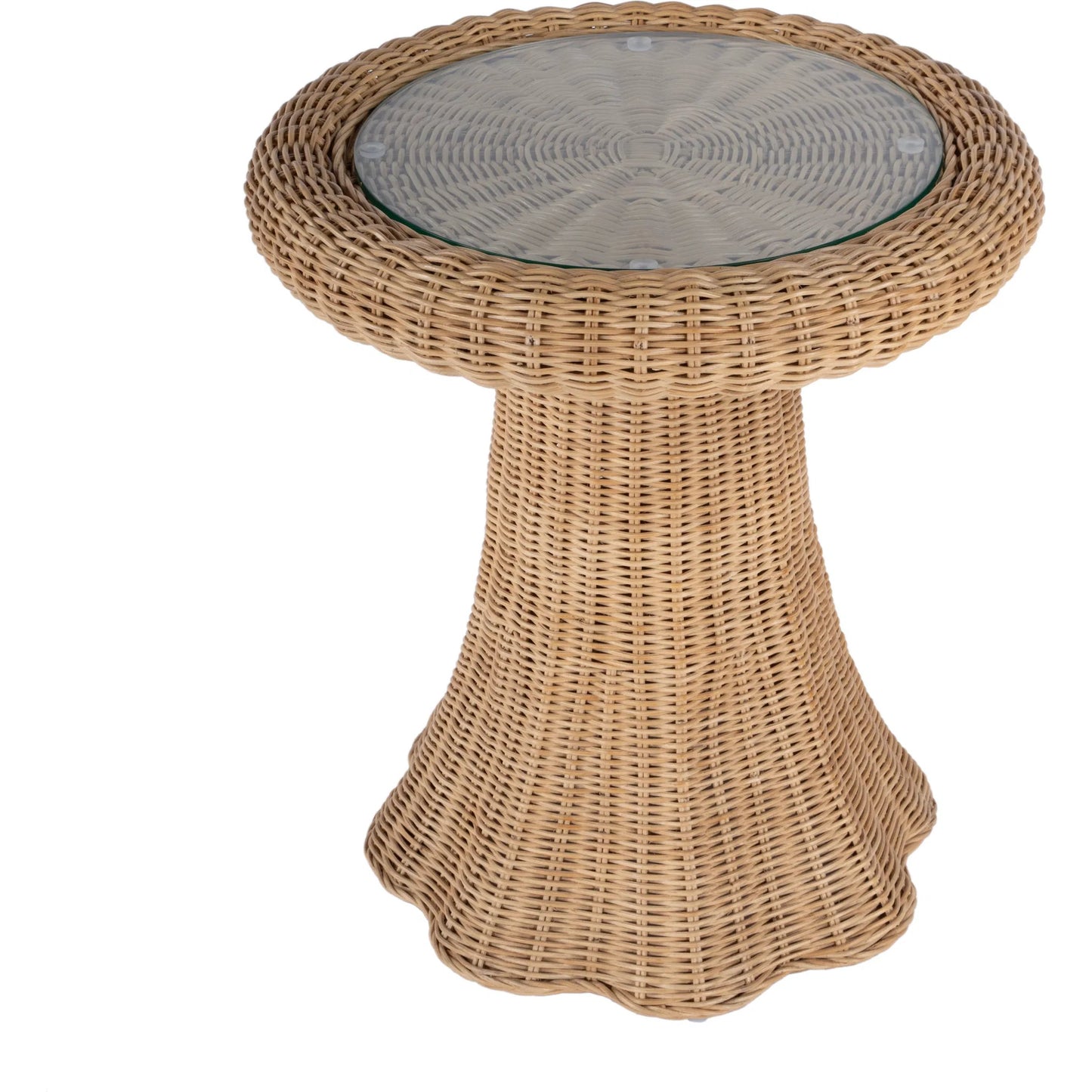 001 SI-2324893 | Primary Silo | Flora Scalloped End Table by Butler Specialty Company in light brown. Made from rattan, mahogany, plywood, glass in a rustic style.