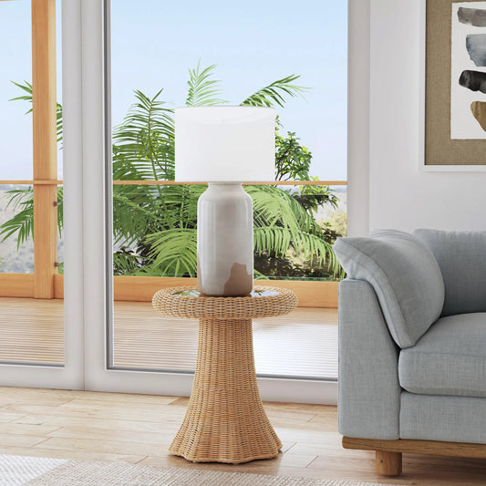Flora Scalloped End Table by Butler Specialty Company in light brown. Made from rattan, mahogany, plywood, glass in a unique style.