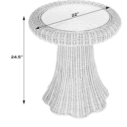 Flora Scalloped End Table by Butler Specialty Company in light brown. Made from rattan, mahogany, plywood, glass in a rustic style.