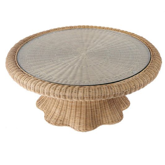 Flora Scalloped Coffee Table by Butler Specialty Company in light brown. Made from rattan, mahogany, plywood, glass in a unique style.