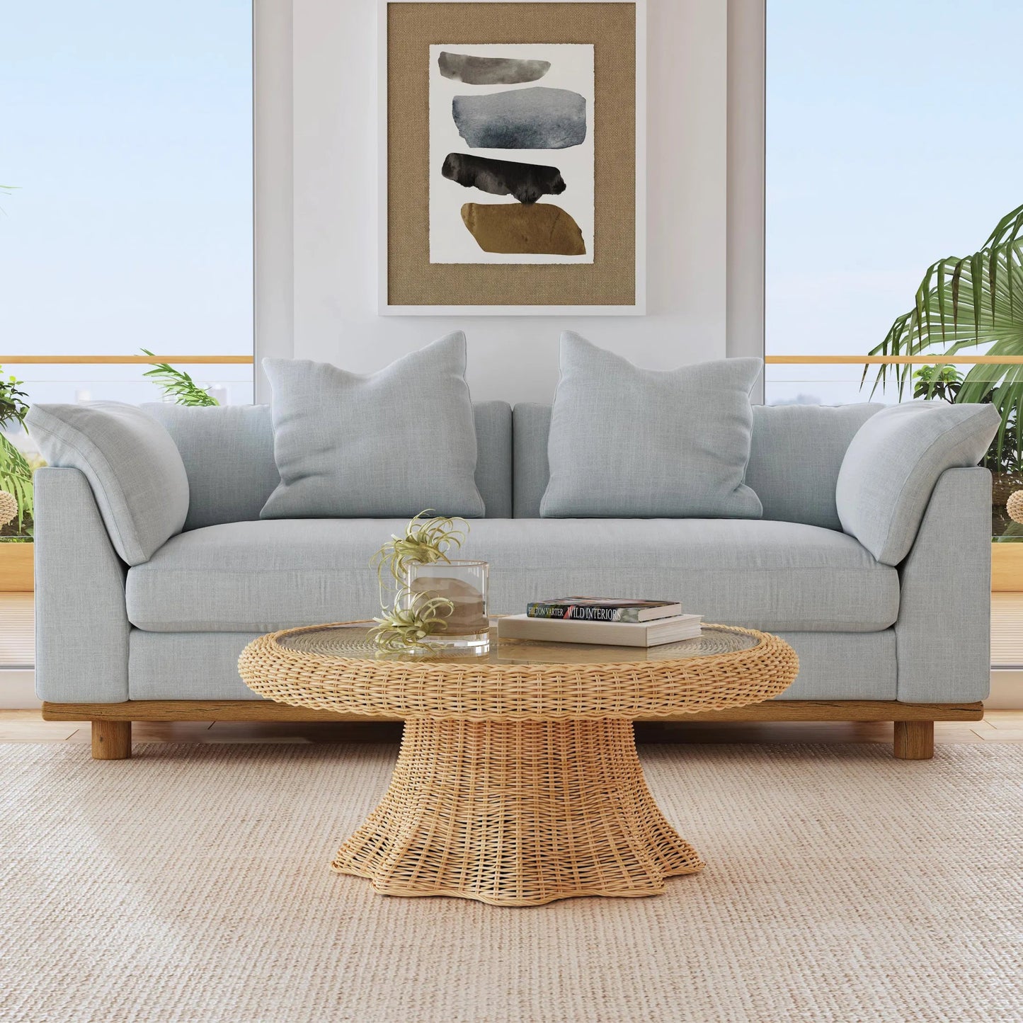 005 SI-2324897 | Lifestyle | Flora Scalloped Coffee Table by Butler Specialty Company in light brown. Made from rattan, mahogany, plywood, glass in a rustic style.