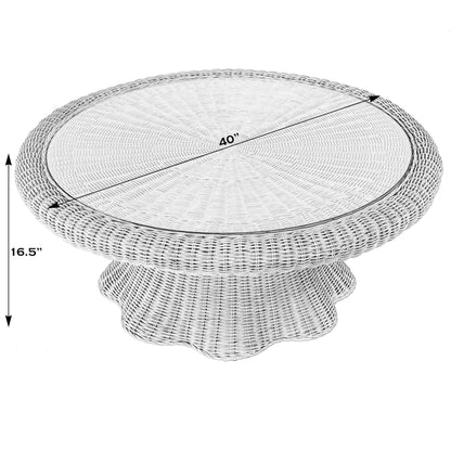 Flora Scalloped Coffee Table by Butler Specialty Company in light brown. Made from rattan, mahogany, plywood, glass in a rustic style.