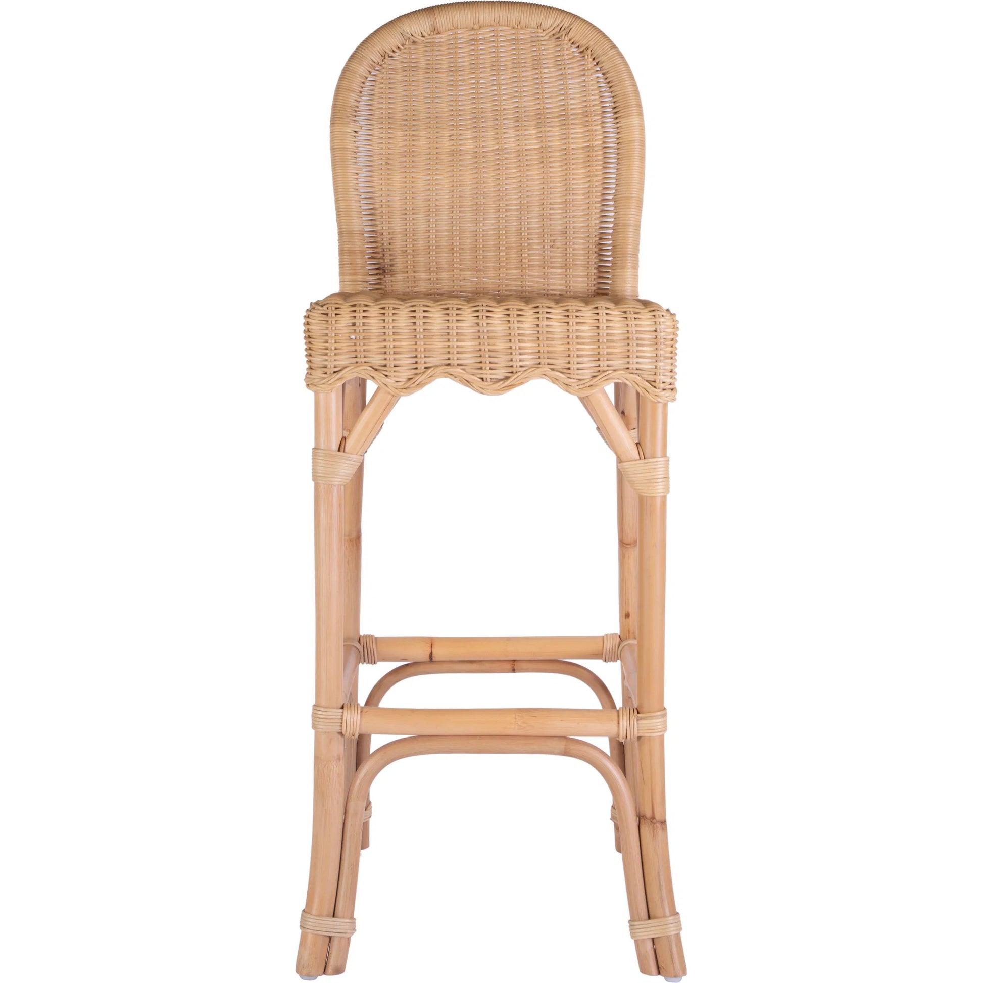 Flora Scalloped Edge Bar Stool by Butler Specialty Company in light brown. Made from rattan, mahogany in a rustic style.