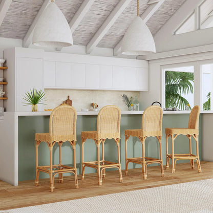 Flora Scalloped Edge Bar Stool by Butler Specialty Company in light brown. Made from rattan, mahogany in a rustic style.