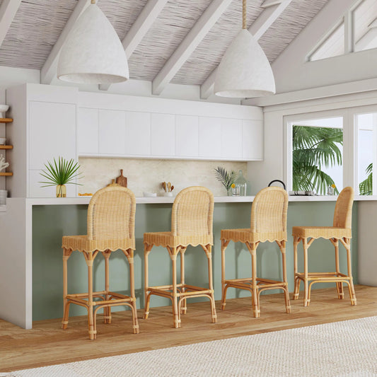 Flora Scalloped Edge Bar Stool by Butler Specialty Company in light brown. Made from rattan, mahogany in a unique style.