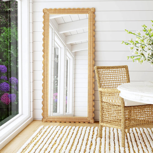 Flora Scalloped Floor Mirror by Butler Specialty Company in light brown. Made from plywood, rattan, glass in a unique style.
