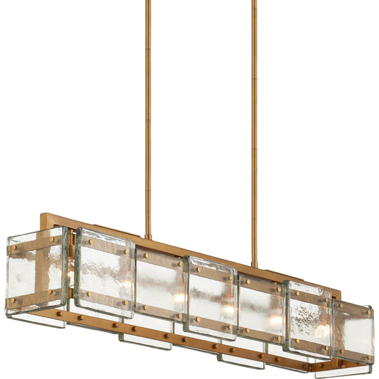 Countervail Chandelier by Currey and Company in clear, antique brass. Made from cast glass, metal in a modern style.