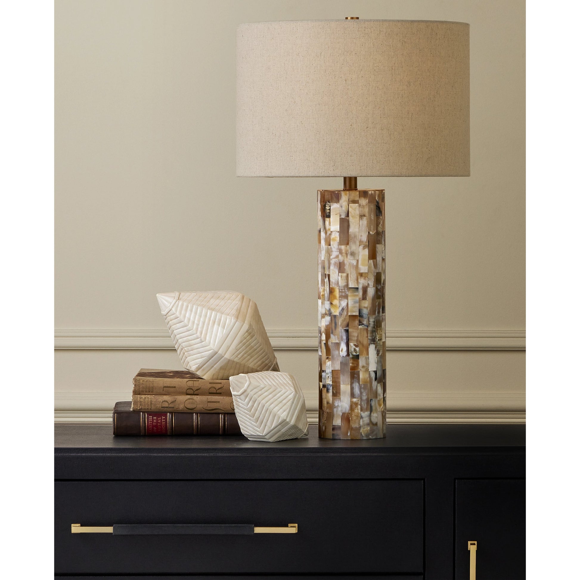 Colevile Table Lamp by Currey and Company. Made from horn, brass, engineered wood in a modern style.