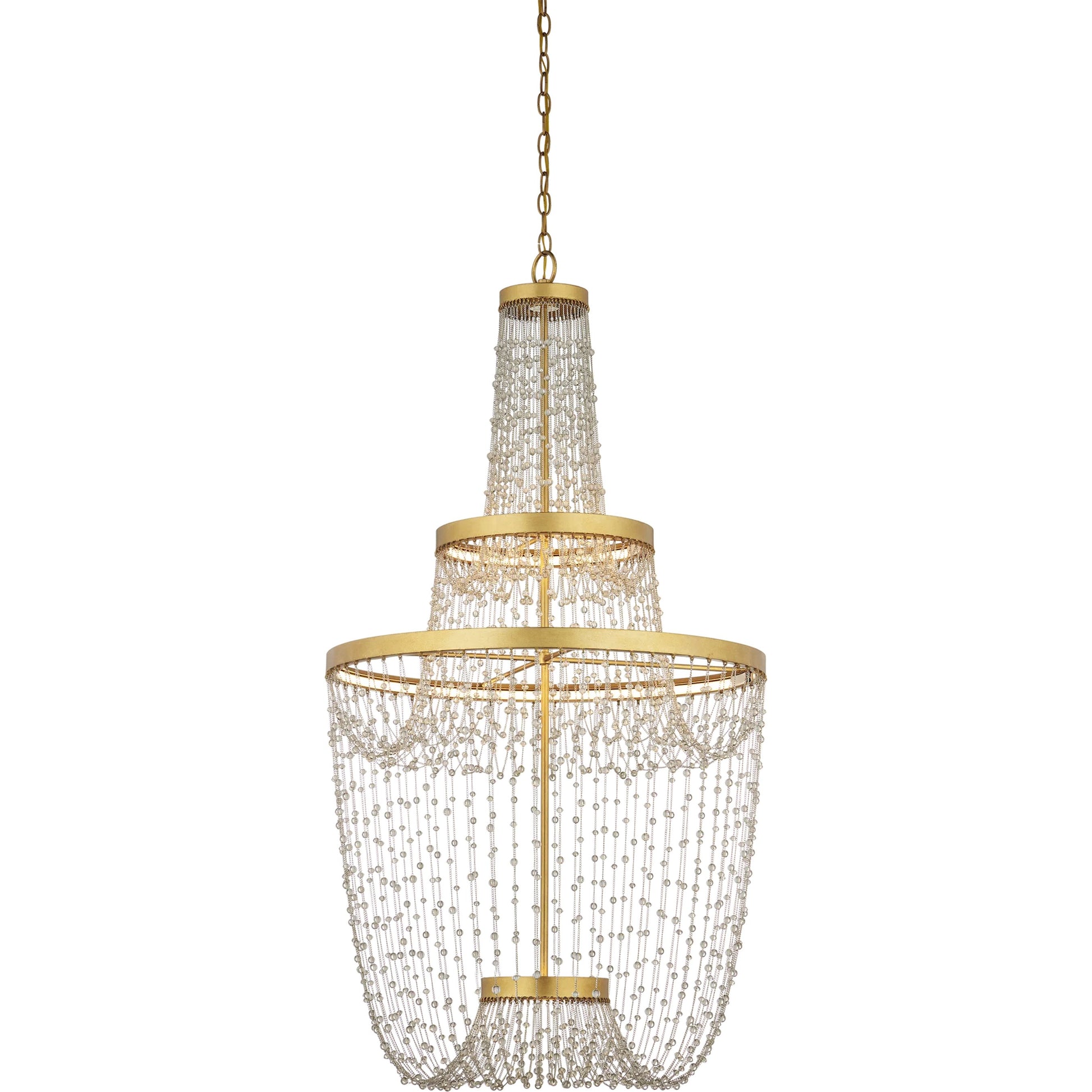 Mademoiselle Chandelier by Currey and Company in contemporary gold leaf, contemporary gold, clear. Made from glass beads, wrought iron in a unique style.