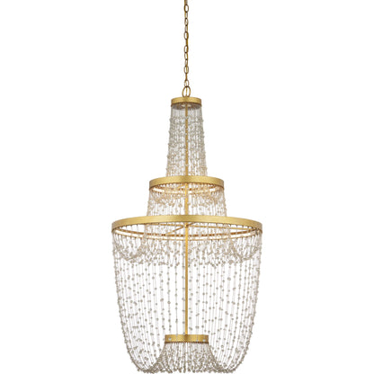 Mademoiselle Chandelier by Currey and Company in contemporary gold leaf, contemporary gold, clear. Made from glass beads, wrought iron in a unique style.