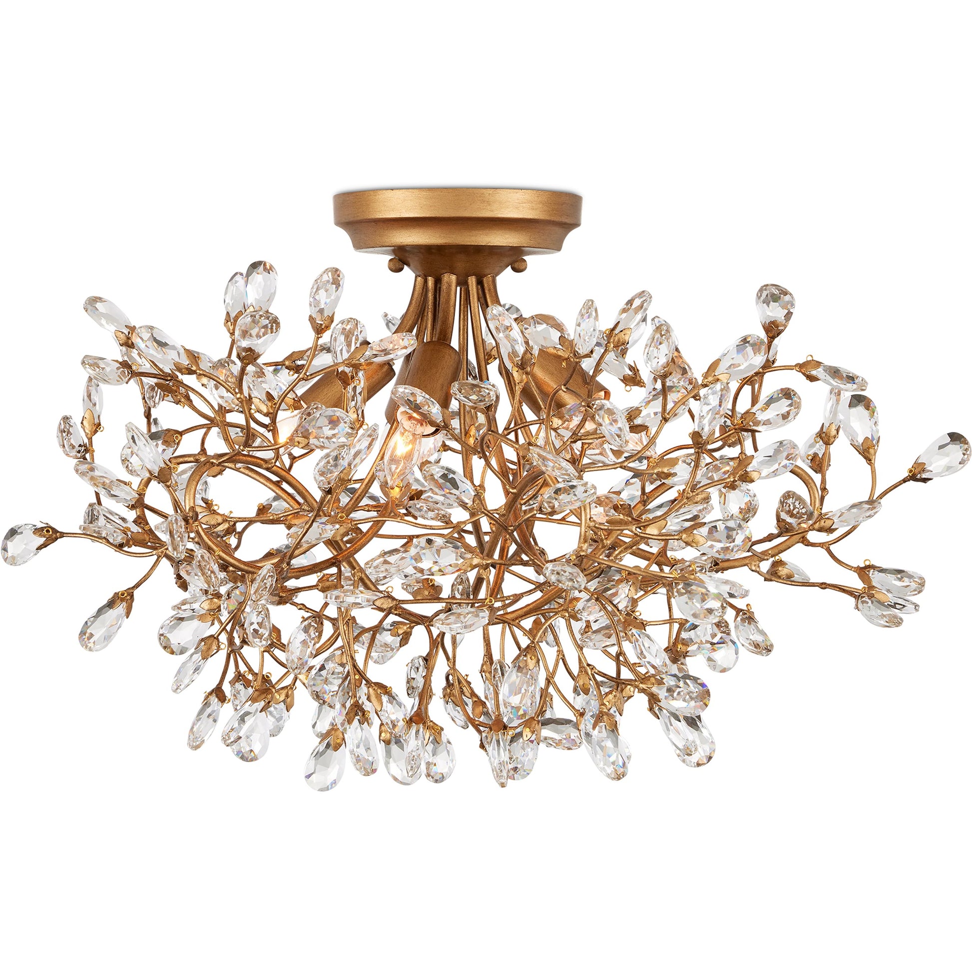Crystal Bud Semi-Flush Mount by Currey and Company in clear, brass. Made from crystal, wrought iron in a modern style.