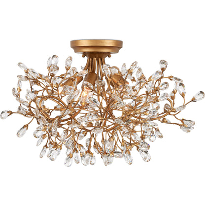 Crystal Bud Semi-Flush Mount by Currey and Company in clear, brass. Made from crystal, wrought iron in a modern style.