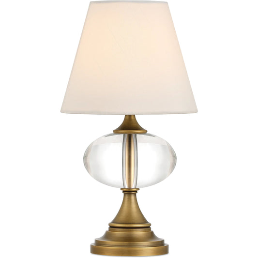 Sashay Cordless Table Lamp by Currey and Company in clear, polished antique brass. Made from optic crystal, metal in a eclectic & global style.