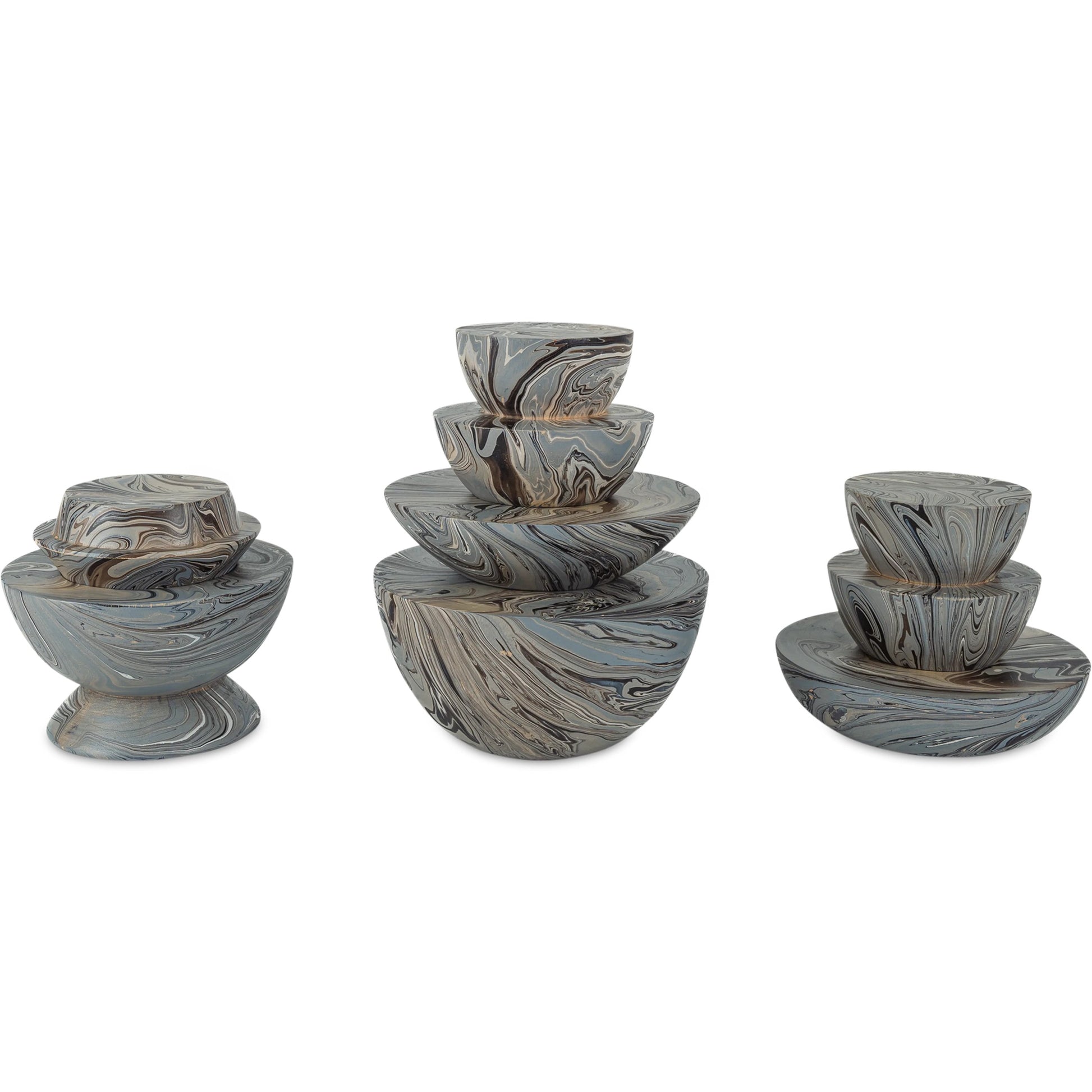Stacking Box Set by Currey and Company in marbleized gray. Made from wood in a unique style.