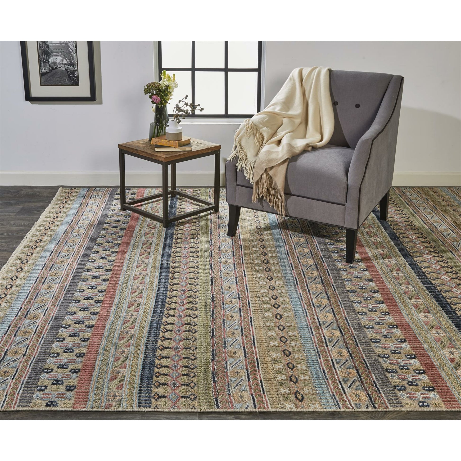 Payton Transitional Stripes Rug - 6498F by Feizy in tan, orange, blue. Made from viscose, wool in a unique style.