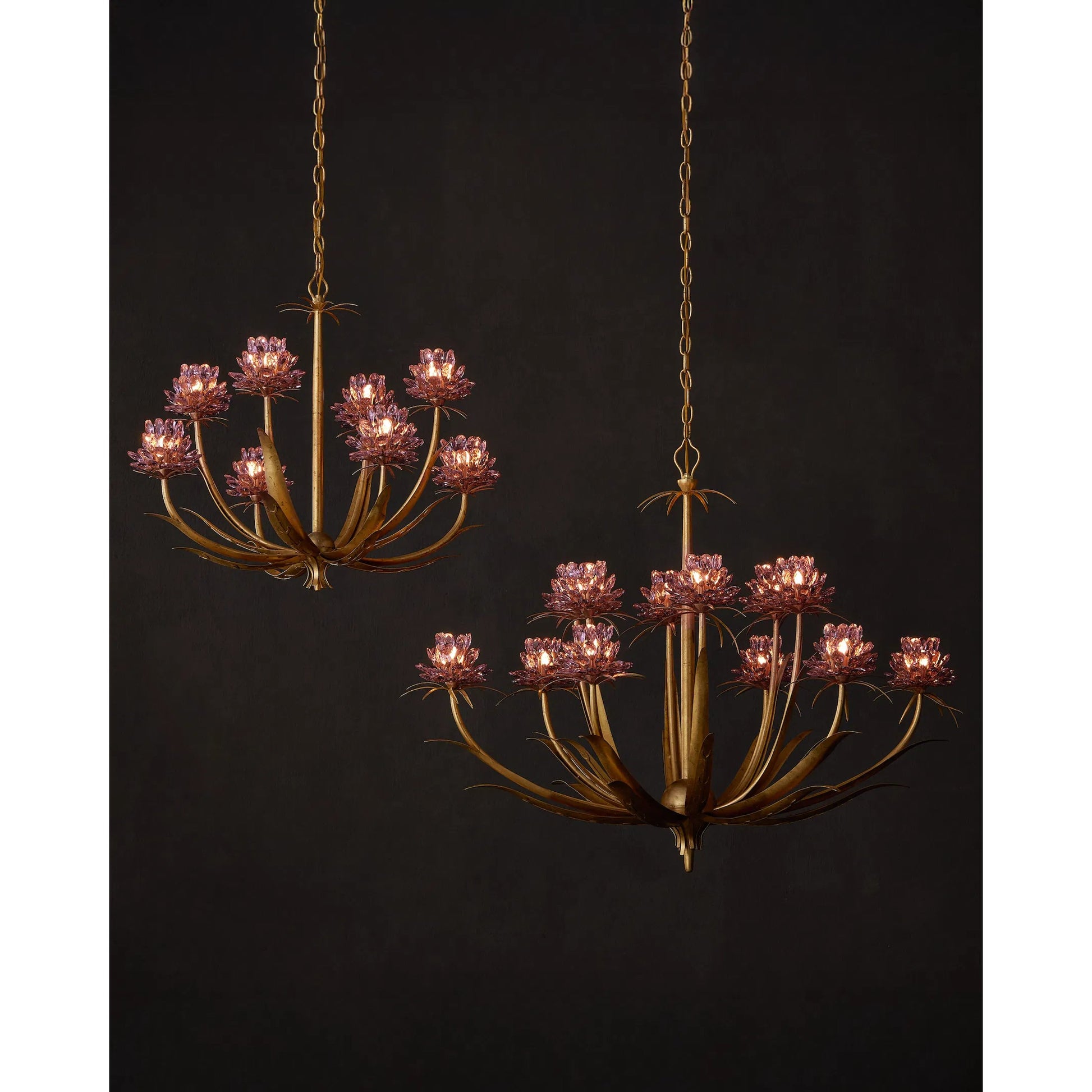 Marilee Chandelier by Currey and Company in pink, dutch gold leaf. Made from crystal, wrought iron in a eclectic & global style.