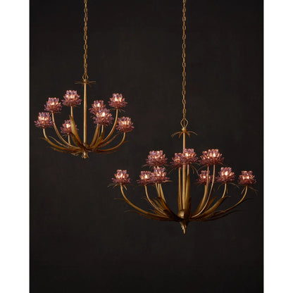 Marilee Chandelier by Currey and Company in pink, dutch gold leaf. Made from crystal, wrought iron in a eclectic & global style.