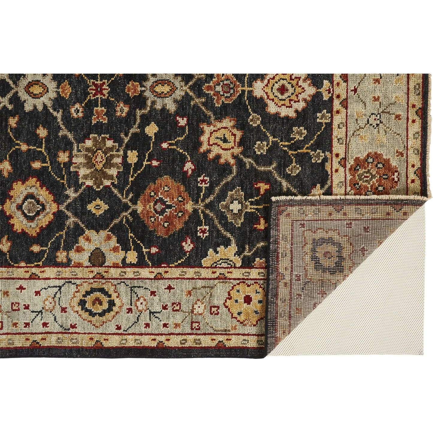 008 SI-1753251,SI-1753254,SI-1753256,SI-1753257,SI-1753258 | Closeup | Carrington Traditional Oriental Rug - 6500F by Feizy in black, gold, gray. Made from wool in a unique style.