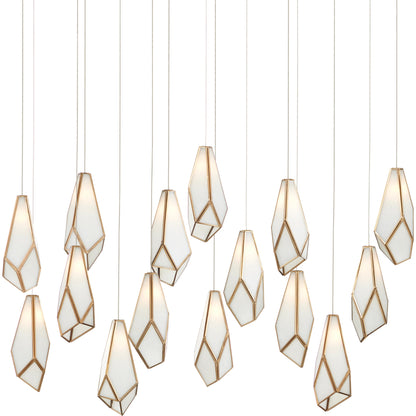 Glace Rectangular 15-LIGHT Multi-Drop Pendant by Currey and Company in white, antique brass, silver. Made from glass, iron in a modern style.