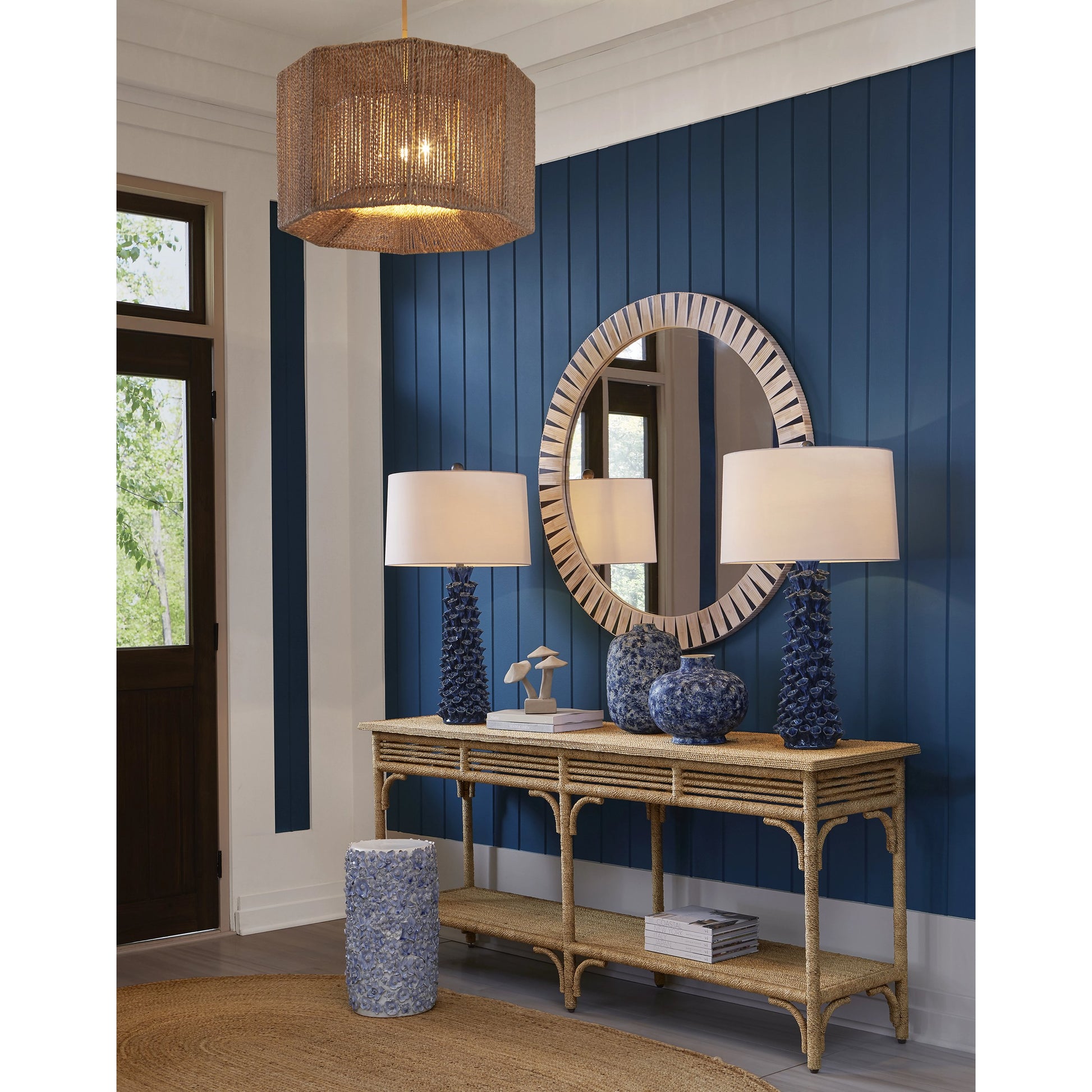 Olisa Rope Console Table by Currey and Company in natural, brown carafe. Made from abaca rope, wood, iron in a modern style.