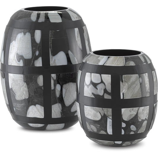 Schiappa Glass Vases by Currey and Company in black, multi spotted, handcut. Made from glass in a modern style.