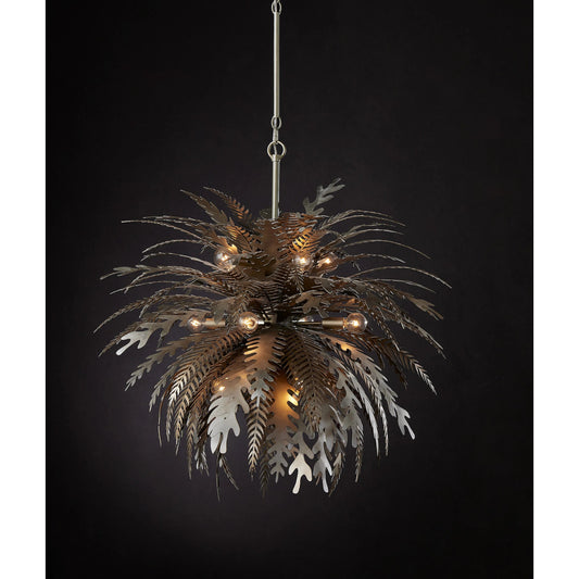 Abyssinia Chandelier by Currey and Company in contemporary silver leaf, dark silver leaf. Made from wrought iron in a modern style.