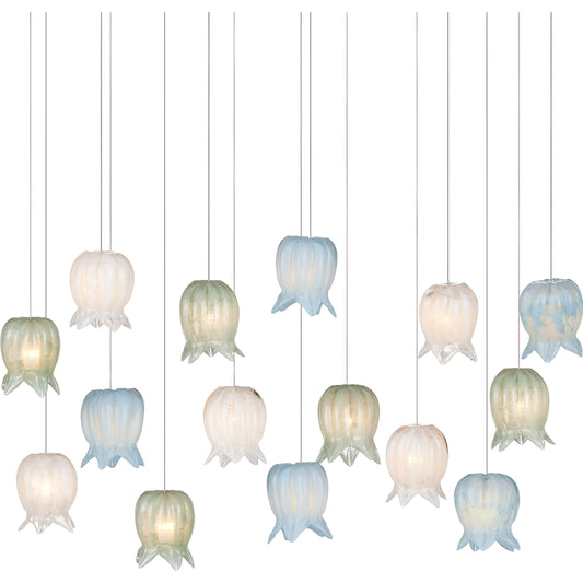 Polpo Misto 15-Light Linear Multi-Drop Pendant by Currey and Company in blue, green, white, silver. Made from art glass, metal in a modern style.