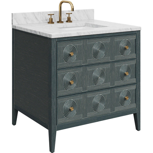 Santos 36" Vanity with Undermount Sink by Currey and Company in vintage navy, natural, white, brushed brass, polished nickel. Made from rattan, mahogany, carrara marble, vitreous china, sungkai wood, brass in a eclectic & gl