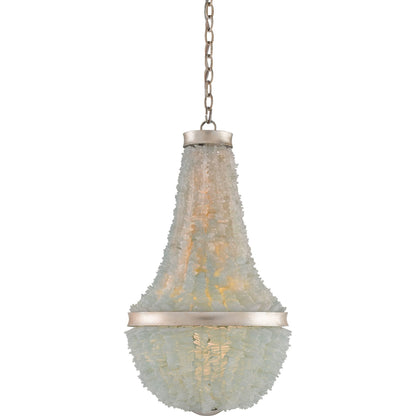 Platea Chandelier by Currey and Company in contemporary silver leaf, seaglass. Made from wrought iron, glass in a coastal style.