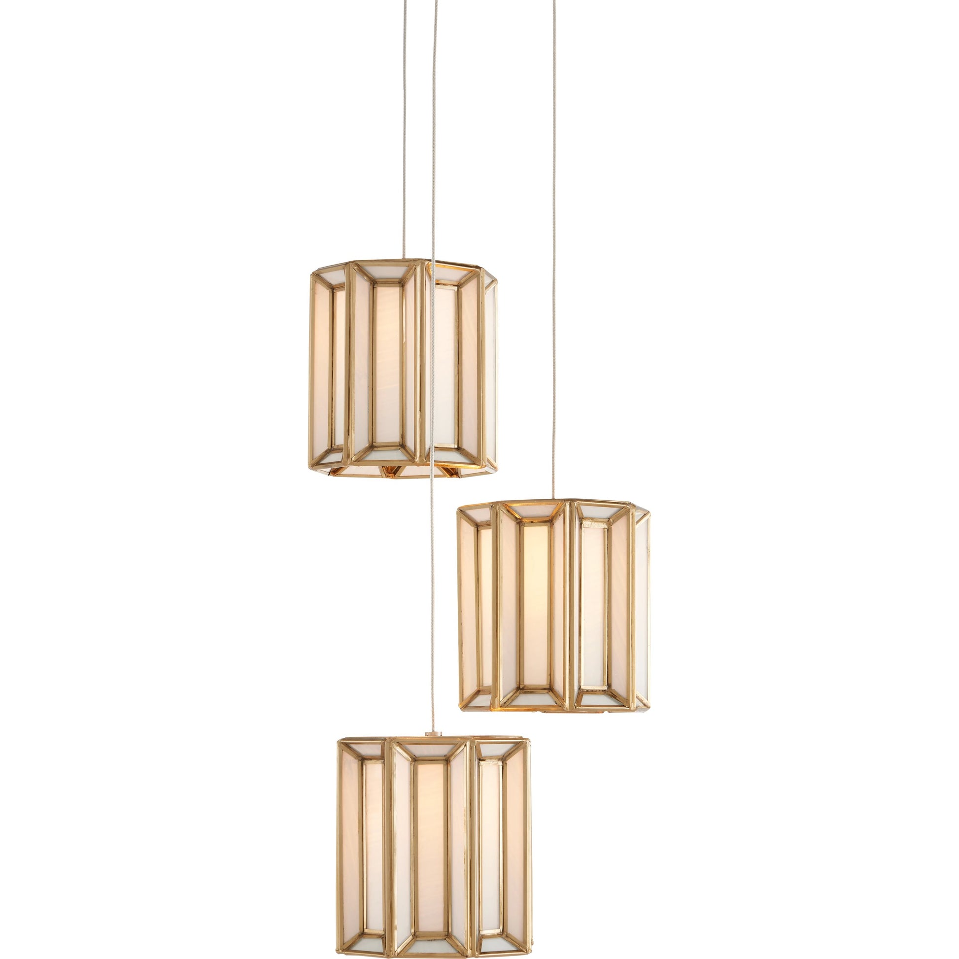 Daze 3-LIGHT Multi-Drop Pendant by Currey and Company in antique brass, white, painted silver. Made from frosted glass in a modern style.