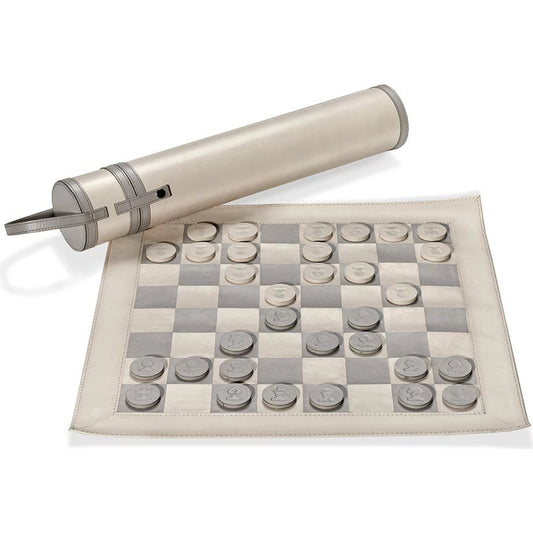 Grayson Chess Board & Case by Interlude Home in ivory, light grey, brushed nickel. Made from leather in a modern style.