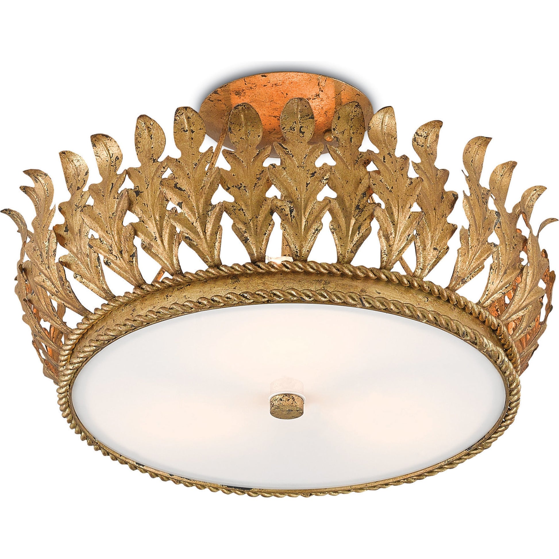 Biddulph Semi-Flush Mount by Currey and Company in gold leaf, white. Made from wrought iron, acrylic in a traditional style.