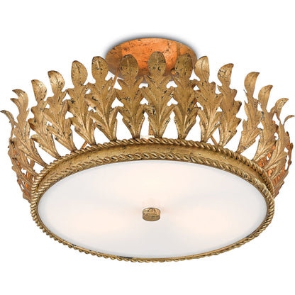 Biddulph Semi-Flush Mount by Currey and Company in gold leaf, white. Made from wrought iron, acrylic in a traditional style.