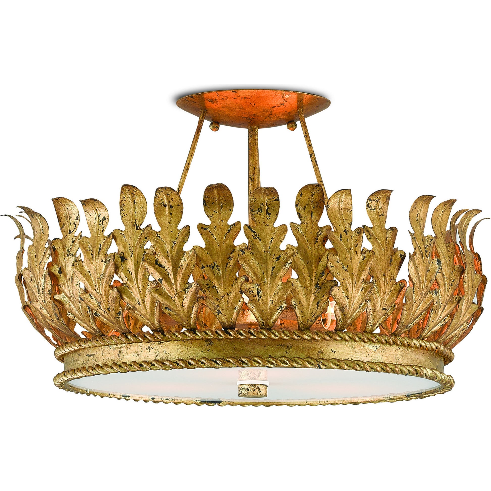 Biddulph Semi-Flush Mount by Currey and Company in gold leaf, white. Made from wrought iron, acrylic in a traditional style.