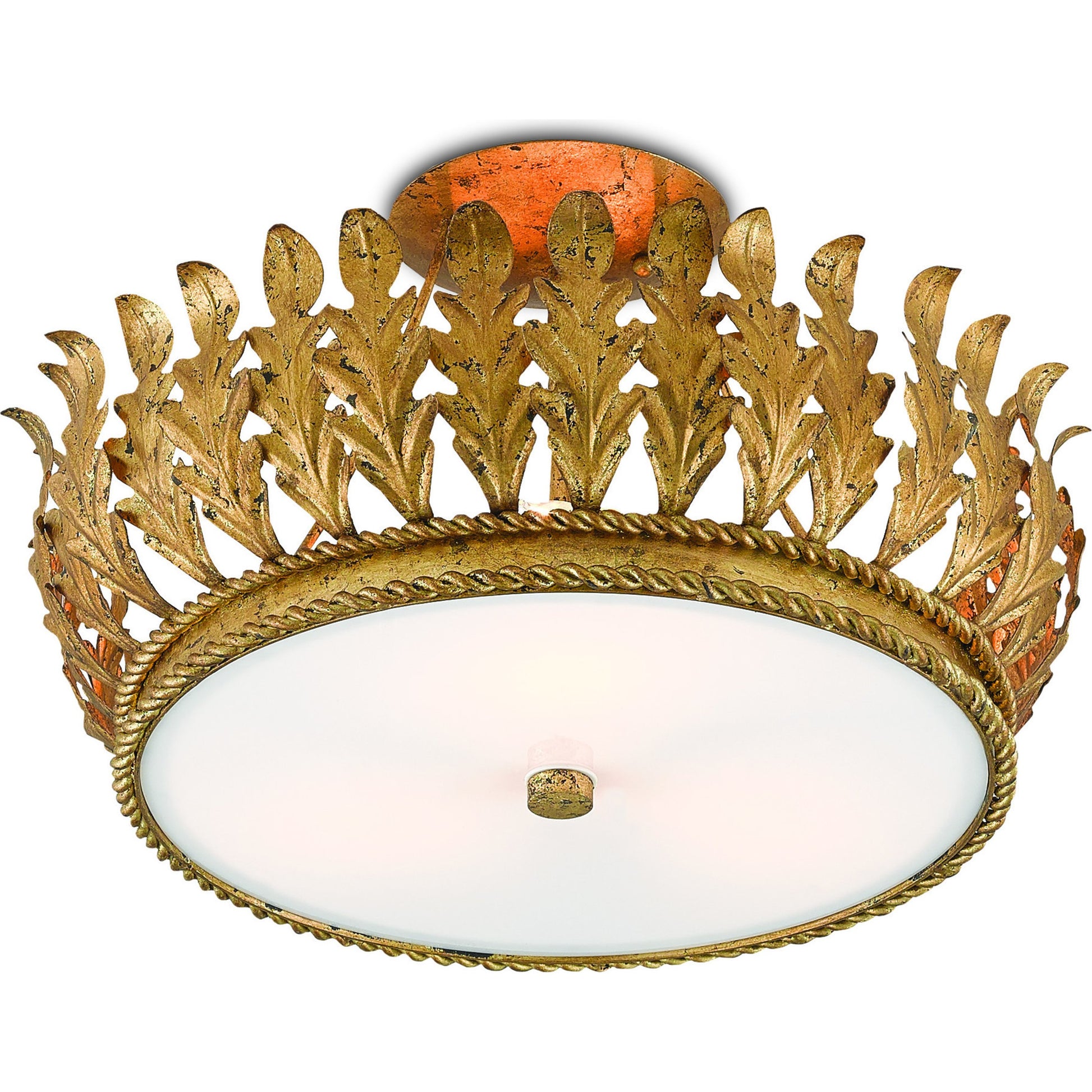 Biddulph Semi-Flush Mount by Currey and Company in gold leaf, white. Made from wrought iron, acrylic in a traditional style.
