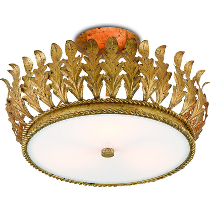 Biddulph Semi-Flush Mount by Currey and Company in gold leaf, white. Made from wrought iron, acrylic in a traditional style.