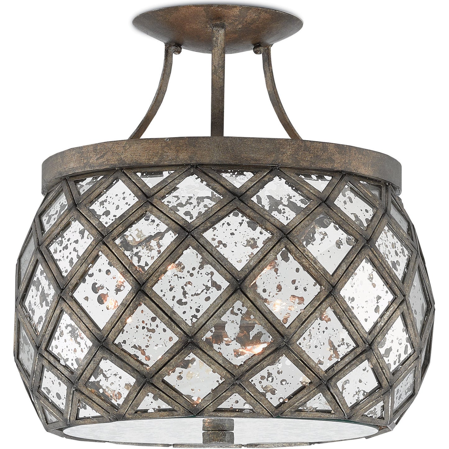 002 S-224022 | Closeup | Buckminster Semi-Flush Mount by Currey and Company in pyrite bronze, raj mirror. Made from wrought iron, glass in a transitional style.