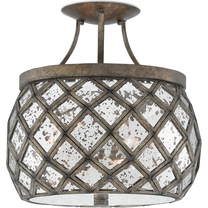 Buckminster Semi-Flush Mount by Currey and Company in pyrite bronze, raj mirror. Made from wrought iron, glass in a transitional style.