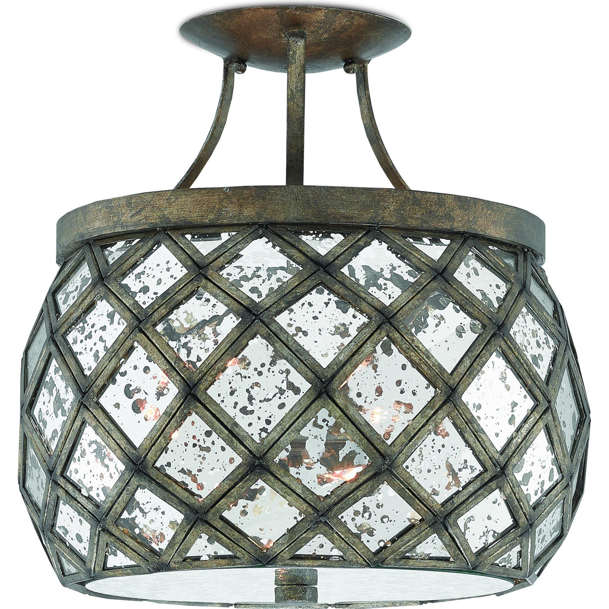 Buckminster Semi-Flush Mount by Currey and Company in pyrite bronze, raj mirror. Made from wrought iron, glass in a transitional style.