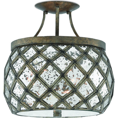 Buckminster Semi-Flush Mount by Currey and Company in pyrite bronze, raj mirror. Made from wrought iron, glass in a transitional style.