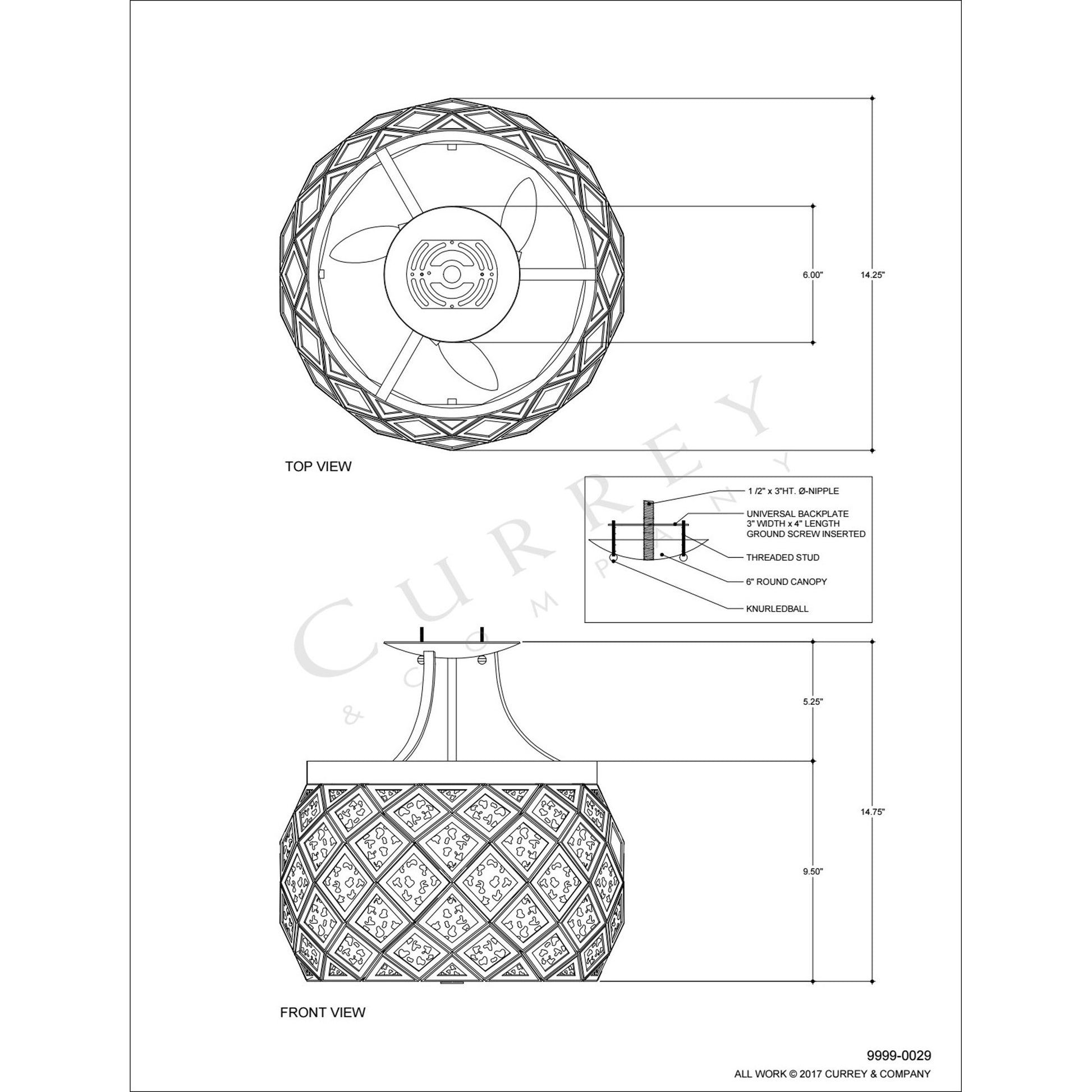 Buckminster Semi-Flush Mount by Currey and Company in pyrite bronze, raj mirror. Made from wrought iron, glass in a transitional style.