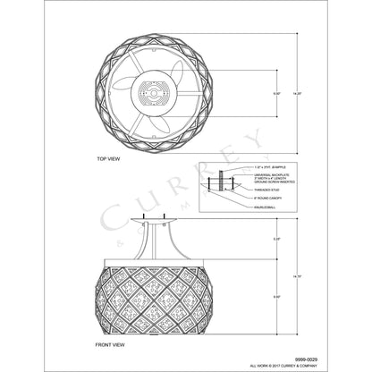 Buckminster Semi-Flush Mount by Currey and Company in pyrite bronze, raj mirror. Made from wrought iron, glass in a transitional style.