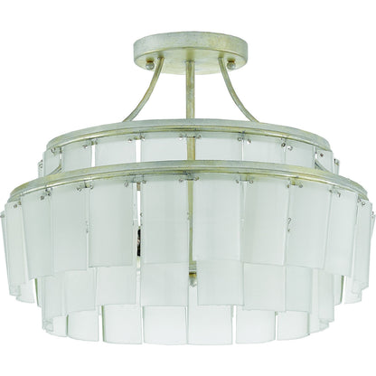 Vintner Blanc Semi-Flush Mount by Currey and Company in contemporary silver leaf, opaque white. Made from wrought iron, recycled bottle glass in a traditional style.