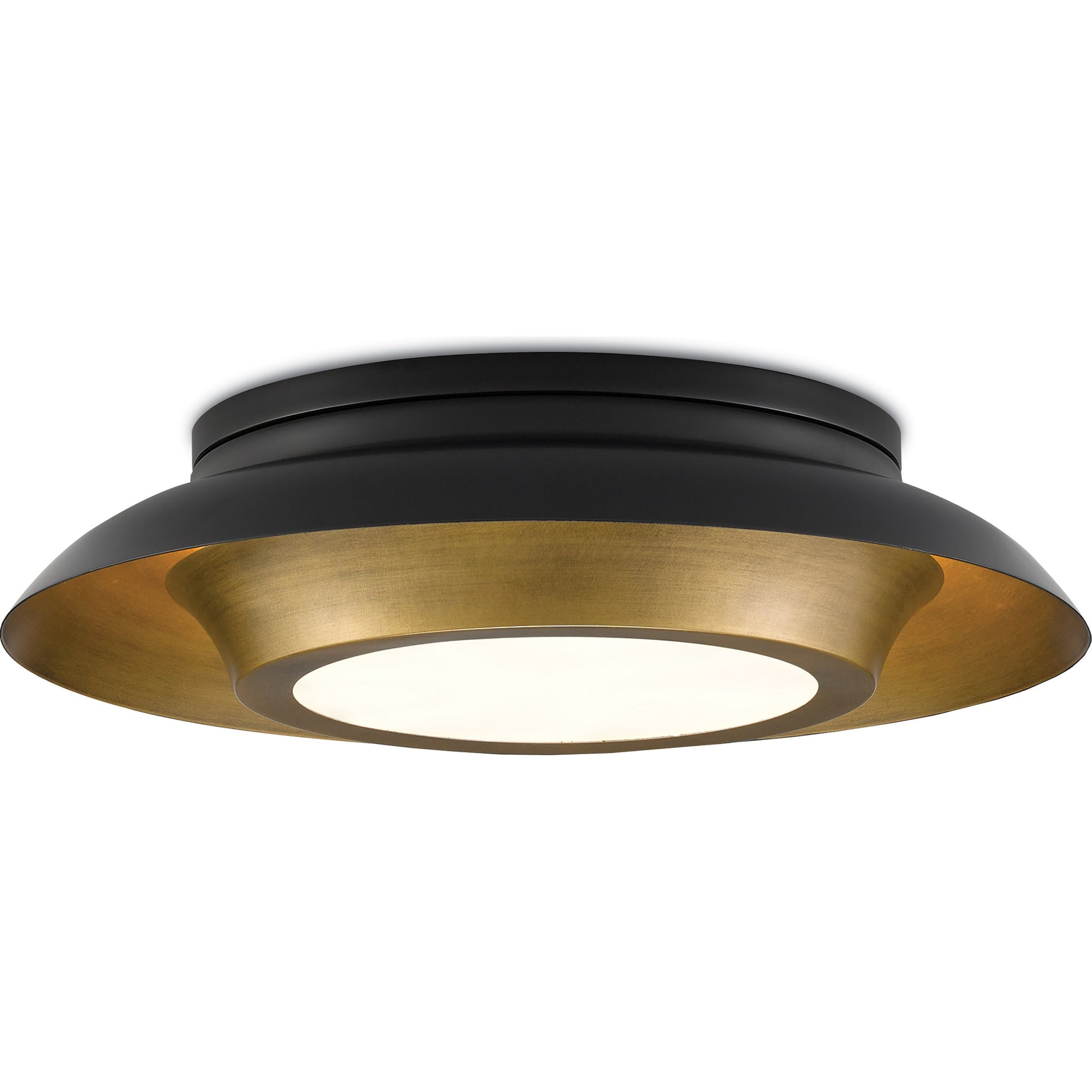 Metaphor Flush Mount by Currey and Company in painted antique brass, painted black. Made from brass, glass in a transitional style.