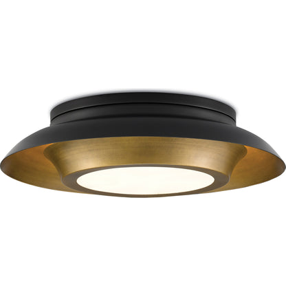 Metaphor Flush Mount by Currey and Company in painted antique brass, painted black. Made from brass, glass in a transitional style.