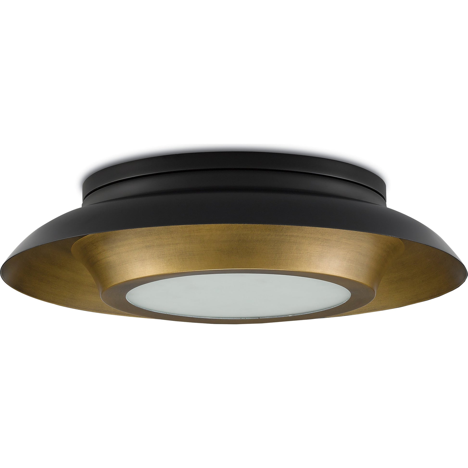 Metaphor Flush Mount by Currey and Company in painted antique brass, painted black. Made from brass, glass in a transitional style.