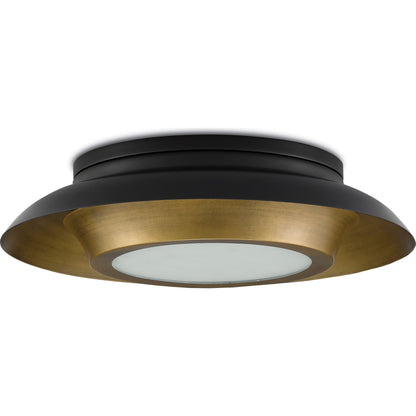 Metaphor Flush Mount by Currey and Company in painted antique brass, painted black. Made from brass, glass in a transitional style.